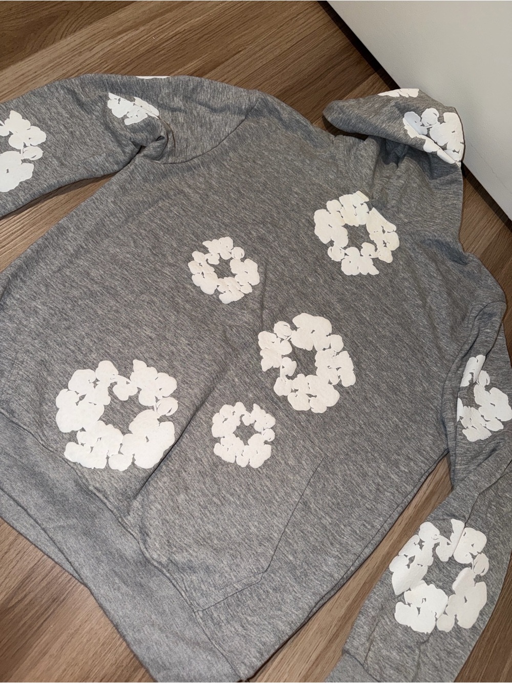 Denim & Flower Gray Hoodie Sweater with White Floral Rings